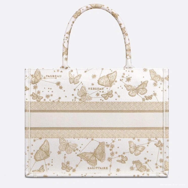 Cheap Book White Gold Dior Tote Motif Zodiac Butterfly Canvas 0718 Luxury
